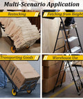 2 In 1 Folding Hand Truck And 3 Step Ladder Portable Dolly Cart For Easy Hauling And Reaching High Places Built With Durable Steel Frame Foldable Design Locking Steps And Smooth Rolling Casters For Home Or Jobsite Use shown hauling boxes and used as ladder