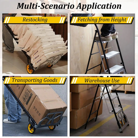 2 In 1 Folding Hand Truck And 3 Step Ladder Portable Dolly Cart For Easy Hauling And Reaching High Places Built With Durable Steel Frame Foldable Design Locking Steps And Smooth Rolling Casters For Home Or Jobsite Use shown hauling boxes and used as ladder