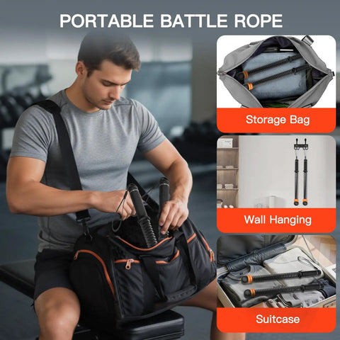 Man packing ropeless battle ropes into a gym bag, showcasing Ropeless Battle Ropes For Home Gym 2 Pack Quiet Cordless Ropes.