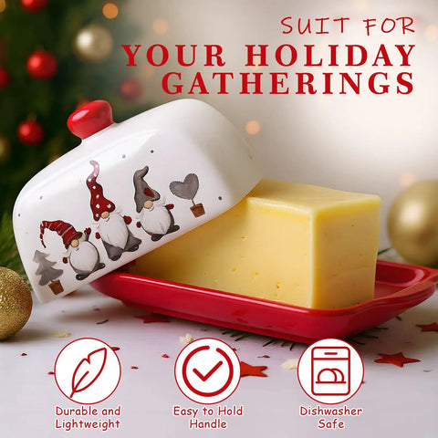 Festive Christmas Butter Dish With Tight Sealing Lid, Solid Ceramic Gnome Keeper For Kitchen Countertops, featuring gnomes, 190x121mm size.
