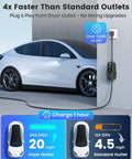 Rock Solid Level 2 Electric Vehicle Charger for Tesla compatibility with 25 foot cable and dryer outlet plug.