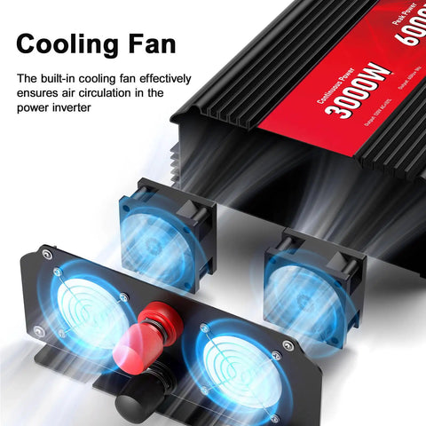 Cooling fan on 3000 Watt Power Inverter Converts 12V DC To 110V AC Delivering 6000W Peak Juice, ensures air circulation for stability.