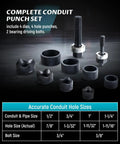 Heavy Duty Metal Knockout Punch Kit With Four Dies And Two Bearing Bolts, conduit hole sizes displayed, for electrical work