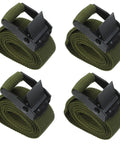 4 Pack Camping Duty Belts With Quick Release Straps For Easy Bundling And Rugged Gear Securing On Hiking Fishing Hunting Trips Moisture Resistant Military Green Travel Luggage Strap System For Outdoor Enthusiasts And Gear Junkies. Image shows four rolled olive green belts with black buckles.