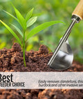 Manual Hand Weeder With Bend-Proof Leverage Base next to a weed in soil for easy removal