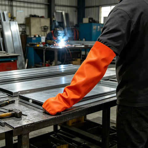 Heavy Duty Heat Resistant Welding Sleeves For Pros Badass Flame Proof Cotton Arm Guards used during welding tasks in workshop.