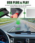 USB plug and play HD Car Heads Up Display with Large Font, showing digital speedometer projected on car windshield, easy install.
