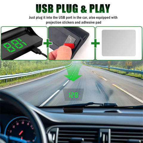 USB plug and play HD Car Heads Up Display with Large Font, showing digital speedometer projected on car windshield, easy install.