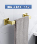 12.2-inch towel bar from Four Piece Brushed Gold Stainless Steel Bathroom Hardware Set Including Towel Bars Toilet Paper Holder And Cloth Hook Made With SUS304 Rust Resistant Finish For Durable Modern Sleek Bathroom Organization And A Cool Vibe