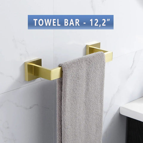12.2-inch towel bar from Four Piece Brushed Gold Stainless Steel Bathroom Hardware Set Including Towel Bars Toilet Paper Holder And Cloth Hook Made With SUS304 Rust Resistant Finish For Durable Modern Sleek Bathroom Organization And A Cool Vibe