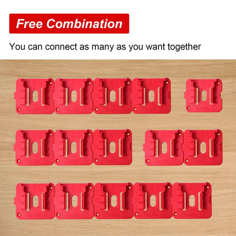 20 Pack Tool And Battery Mounts For 18V M18 Cordless Tools in red ABS plastic, arranged in four rows on a wooden surface.