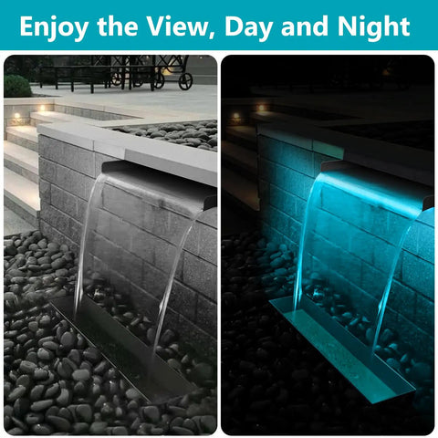 All-In-One Pond Waterfall Kit With LED Lights, 8-Inch Stainless Steel Spillway, 600 GPH Pump, Outdoor Water Feature at night