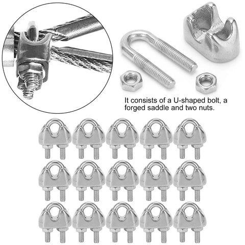 Heavy Duty 15 Pack 304 Stainless Steel Wire Rope Clips 1 Sixteenth Inch U Bolt Cable Clamp Fasteners showing components and set.