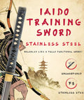 Image of Unsharpened Stainless Steel Wakizashi Iaito For Iaido Training 21 Inch Practice Sword With Fuller Groove, martial arts poster style.
