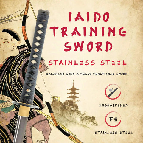 Image of Unsharpened Stainless Steel Wakizashi Iaito For Iaido Training 21 Inch Practice Sword With Fuller Groove, martial arts poster style.