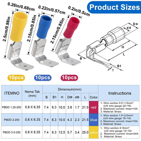All In One Quick Disconnect Piggyback Spade Connector Kit For 22 10 AWG Wires, 3 color models, 30 semi-insulated terminals