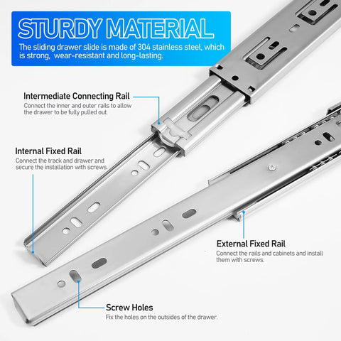 Detailed view of Heavy Duty 10 Inch Full Extension Drawer Slides Made From 304 Stainless Steel, highlighting rail connections.