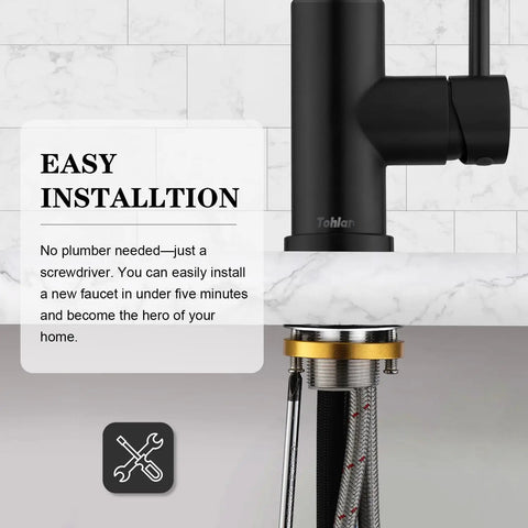 Slick Black Kitchen Faucet With Pull Down Sprayer Single Handle Modern Stainless Steel Kitchen Sink Faucet With Deck Plate Anti Fingerprint Finish SUS 304 Stainless Steel Construction, under-sink installation view.