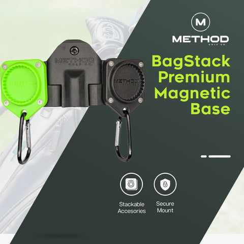 BagStack Gear Hub Starter Pack Magnetic Golf Gear Organizer with bag and magnetic base, shown with accessories attached.