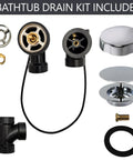 Slick Chrome Finish 27 Inch Cable Driven Bathtub Drain Trim Kit With Smooth Pop Up Stopper And Rotating Overflow Cover Brass Knob No Sweat Setup Using Glue Type Abs Fittings Four Pack components including pop up knob and shafts.