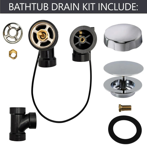 Slick Chrome Finish 27 Inch Cable Driven Bathtub Drain Trim Kit With Smooth Pop Up Stopper And Rotating Overflow Cover Brass Knob No Sweat Setup Using Glue Type Abs Fittings Four Pack components including pop up knob and shafts.