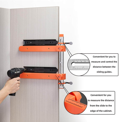 Slide Installation Jig With Toggle Clamp And Magnetic Arm Locator For Cabinets Faster Straighter And Smarter Drawer Installations On Side Mount And Undermount Slides Durable Cabinet Hardware Jig For Precise Clean High Quality Results in use for precise drawer slide alignment on a cabinet.