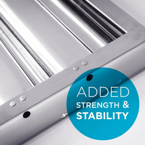 Close-up of Chef Grade Stainless Steel Hood Filter For Restaurant Range Hoods with added strength and stability badge.