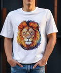 Person wearing a white T-shirt with Four Lion And Tiger Iron On Transfer Stickers Set For T Shirts And Hoodies Washable Heat Transfer