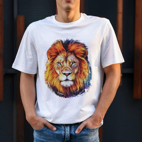 Person wearing a white T-shirt with Four Lion And Tiger Iron On Transfer Stickers Set For T Shirts And Hoodies Washable Heat Transfer
