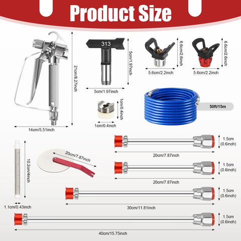 Heavy Duty Airless Paint Sprayer Gun Kit With 3600 PSI And A 50 Foot High Pressure Hose product size chart with dimensions.
