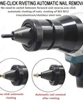 Close-up of Slick Cordless Rivet Gun With Dual 26V Batteries And Seven Quick Swap Tips, showing nut rivet tips and automatic removal feature.