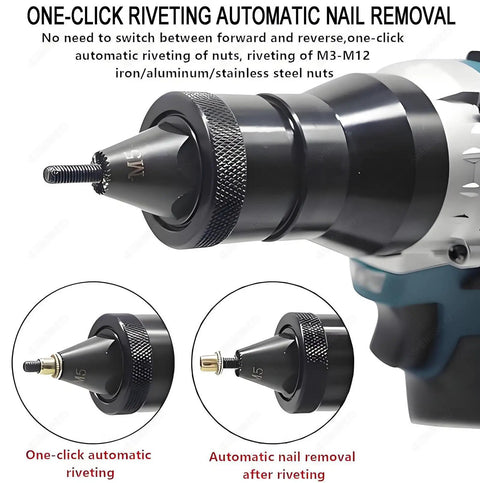 Close-up of Slick Cordless Rivet Gun With Dual 26V Batteries And Seven Quick Swap Tips, showing nut rivet tips and automatic removal feature.