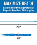 Heavy Duty High Speed Steel Flexible Bellhanger Drill Bit With Built In Wire Pulling Holes Designed To Navigate Tight Corners Makes Knotty Wood And Tough Metal A Breeze Contractors Swear By This Tool 3/8 X 72 length and width dimensions displayed.