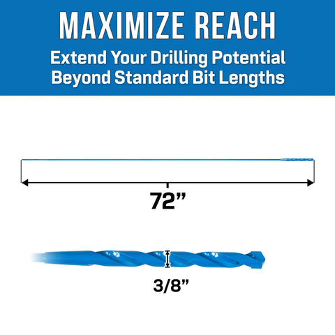 Heavy Duty High Speed Steel Flexible Bellhanger Drill Bit With Built In Wire Pulling Holes Designed To Navigate Tight Corners Makes Knotty Wood And Tough Metal A Breeze Contractors Swear By This Tool 3/8 X 72 length and width dimensions displayed.
