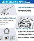 Diagram showcasing features of High Pressure Handheld Shower Head with 10 Spray Settings and Detachable Hose Chrome Finish for RV Bathroom.