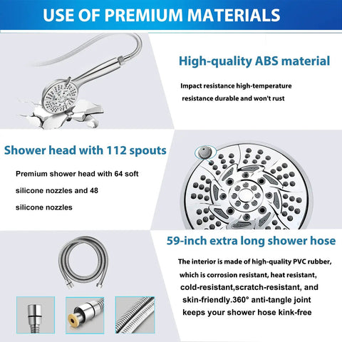 Diagram showcasing features of High Pressure Handheld Shower Head with 10 Spray Settings and Detachable Hose Chrome Finish for RV Bathroom.