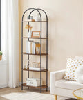Five Tier Industrial Arched Bookshelf With Hella Sturdy Wooden And Metal Frame Rustic Brown Open Display Rack For Living Room next to couch
