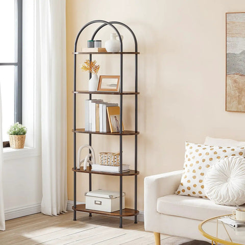 Five Tier Industrial Arched Bookshelf With Hella Sturdy Wooden And Metal Frame Rustic Brown Open Display Rack For Living Room next to couch