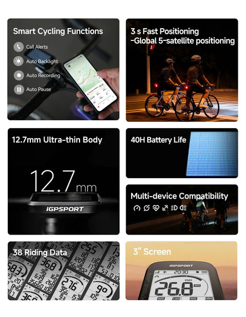 BSC100MAX GPS Bike Computer features: smart cycling functions, global satellite positioning, 40H battery, 3-inch anti-glare screen.