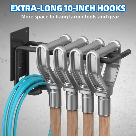 Six Pack 10 Inch Heavy Duty Two Tier Garage Hooks Wall Mount Storage Organizer with anti-slip coating holding garden tools