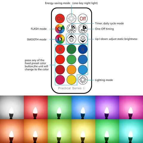 Remote control for Color Changing LED Candelabra Bulb With Remote, 12 Color Modes And Cool White 5000K, 560 Lumen, 5W E12 Small Base