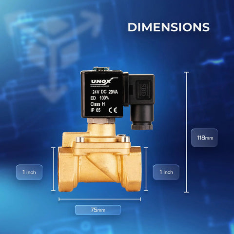 1 Inch NPT Solenoid Valve 24V DC Brass Normally Closed Control Valve For Water And Air, dimensions shown, heavy-duty design.