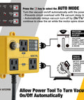 Front view of SENCTRL auto vacuum switch for power tools, yellow unit with two outlets and auto/on/off delay panel.