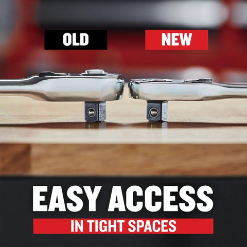 Comparison of old and new ratchets showing easy access feature in 262 Piece Mechanic Tool Set In Versastack 3 Drawer Box