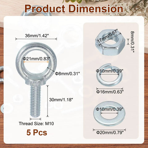 Beefy Heavy Duty Eye Bolts Kit, 5 Pack M10 galvanized carbon steel eye bolt dimensions with nut and washer