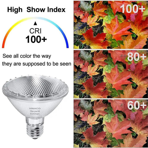 Heavy Duty Par30 Short Neck Flood Bulb Cranks Out A Bold 1000 Lumens Of Smooth 3000k Warm White Glow For Living Rooms And Driveways With Standard E26 Sockets next to autumn leaves with high color rendering index.