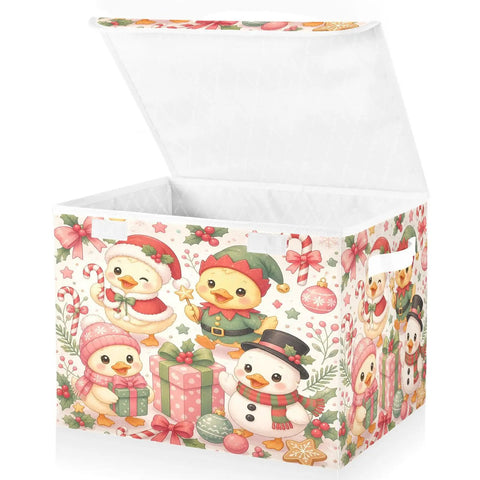 Heavy Duty Foldable Storage Bin With Flip Top Lid And Reinforced Handles For Home Bedroom Office Shelves and Collapsible Container That Folds Flat In A Snap, featuring colorful festive chicks.