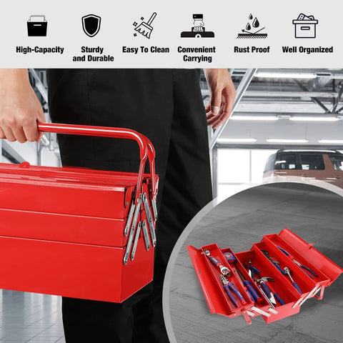 Man carrying Heavy Duty 18 Inch Cantilever Tool Box With 5 Tray Foldout Organizer Metal Red Storage Case in garage