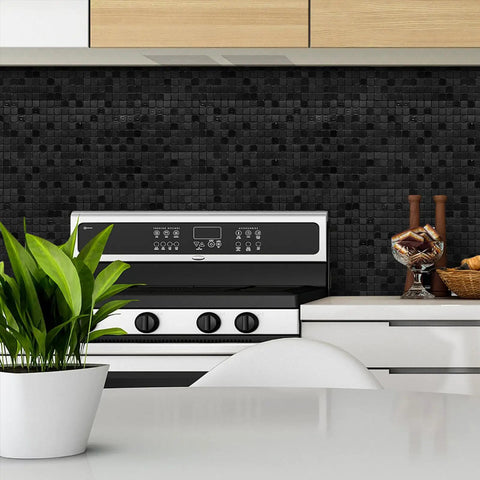 Peel And Stick Metal Backsplash Tile 10 Sheets For Kitchen And Bathroom Or Fireplace Plaid Brushed Black Aluminum PVC Composite Slick Self Adhesive Easy Install Anti Scratch Fade Resistant installed in kitchen behind stove