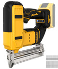Heavy Duty Cordless Brad Nailer And Staple Gun Combo For Precision Trim Work Upholstery And Home Repair Fits Standard Twenty Volt Batteries close-up view of brushless design and staples